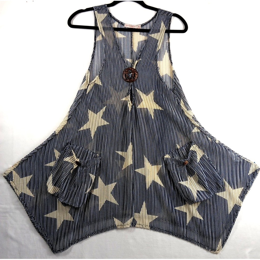 VGT Paradise USA Women's Swim Cover Up Blue Pockets‎  Bohemian Beach knit Sz M/L
